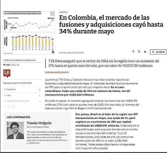En Colombia, el mercado de las fusiones y adquisiciones cay hasta 34% durante mayo